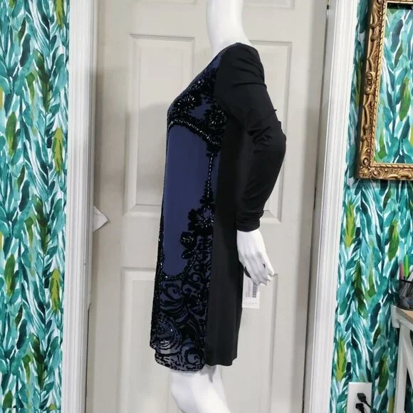 NWT Hale Bob Beaded Elisa Velvet Dress Burnout Long Sleeve Shift Blue Women's XS - Picture 6 of 14